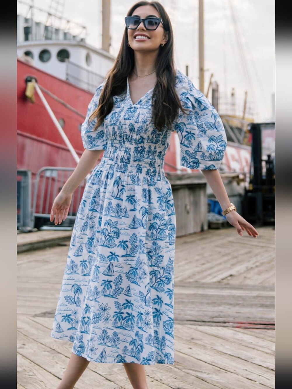 Jessie Zhao Leandra Blue Smocked V Neck Puff-Sleeve Midi Dress sz 2 - Picture 2 of 11